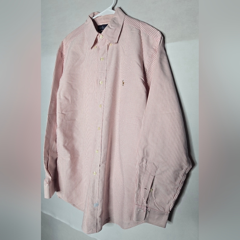 Polo Ralph Lauren Pink Oxford Button Up Shirt Mens L Custom Fit Flesh Pony 16-33 - Picture 2 of 8
